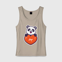 Майка женская хлопок Сердечная панда, цвет: миндальный