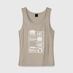Майка женская хлопок Eat sleep code repeat арт, цвет: миндальный