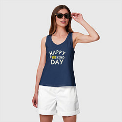 Майка женская хлопок Happy f**king day - надпись и смайл, цвет: тёмно-синий — фото 2