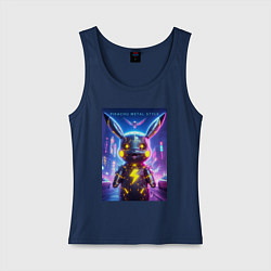 Майка женская хлопок Cyber Pikachu - metal style neon glow, цвет: тёмно-синий