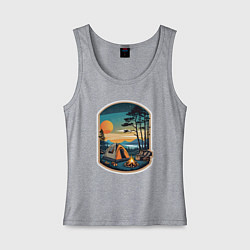 Майка женская хлопок Костер палатка возле озера, цвет: меланж