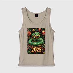 Майка женская хлопок Новогодняя змейка НГ 2025, цвет: миндальный