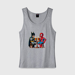 Майка женская хлопок Бэтмен и человек Паук пьют пиво, цвет: меланж