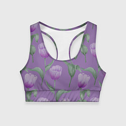 Топик спортивный женский Фиолетовые тюльпаны с зелеными листьями, цвет: 3D-принт