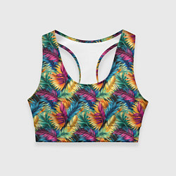 Топик спортивный женский Разноцветные пальмовые листья паттерн, цвет: 3D-принт