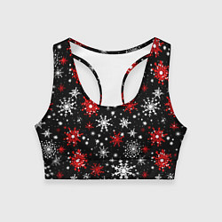 Топик спортивный женский Белые и красные снежинки на черном фоне - нейросет, цвет: 3D-принт