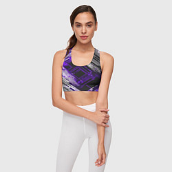 Топик спортивный женский Киберпанк линии белые и фиолетовые, цвет: 3D-принт — фото 2