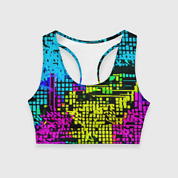 Топик спортивный женский Разноцветный глитч на чёрном фоне, цвет: 3D-принт