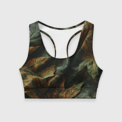 Топик спортивный женский Реалистичный охотничий камуфляж из ткани и листьев, цвет: 3D-принт