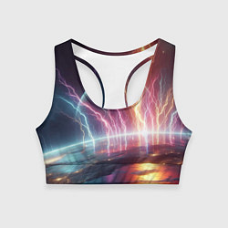 Топик спортивный женский Неоновый космос - разряд молний, цвет: 3D-принт