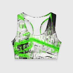 Женский спортивный топ Бело-зелёная абстракция на чёрном фоне