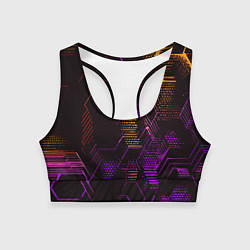 Топик спортивный женский Жёлто-фиолетовые точки и линии на чёрном фоне, цвет: 3D-принт