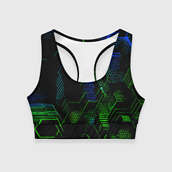 Женский спортивный топ Сине-зелёные точки и линии на чёрном фоне