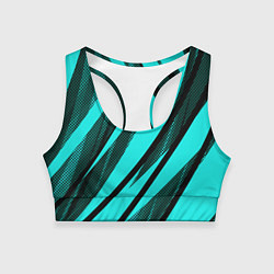 Женский спортивный топ Неоновый голубой с чёрным абстракция с полосами