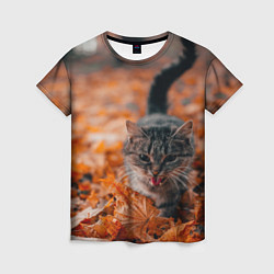 Женская футболка Мяукающий кот осенние листья