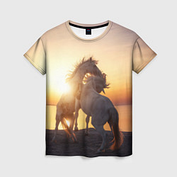 Женская футболка Лошади на закате