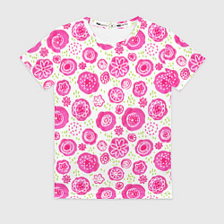 Женская футболка Яркие розовые цветы в дудл стиле, абстракция