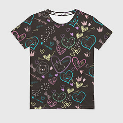Футболка женская Паттерн милые животные и сердечки, цвет: 3D-принт