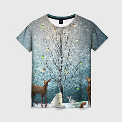 Женская футболка Звери в новогоднем лесу