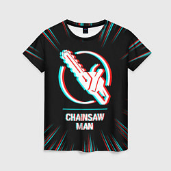 Женская футболка Символ Chainsaw Man в стиле glitch на темном фоне
