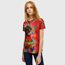Футболка женская Новогодняя такса на красном фоне с ёлками, цвет: 3D-принт — фото 2