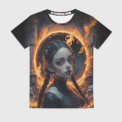 Футболка женская Готическая девушка с двумя косами в огненном круге, цвет: 3D-принт