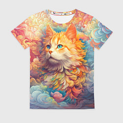 Женская футболка Рыжий кот в цветных облаках