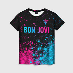 Футболка женская Bon Jovi - neon gradient: символ сверху, цвет: 3D-принт