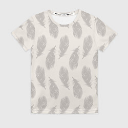 Футболка женская Бежевый паттерн с перьями, цвет: 3D-принт
