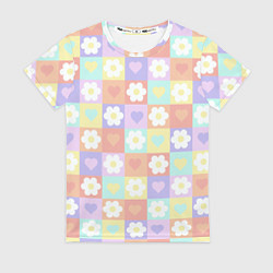 Женская футболка Сердечки и цветочки в пастельных квадратах