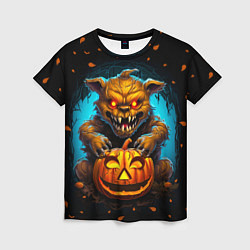 Футболка женская Halloween - страшный медведь с тыквой, цвет: 3D-принт