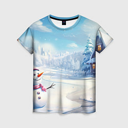 Женская футболка Новогодний пейзаж снеговик