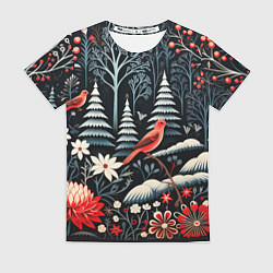 Футболка женская Новогодний лес и птицы, цвет: 3D-принт