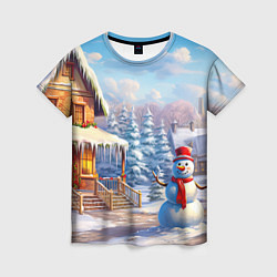 Женская футболка Новогодняя деревня и снеговик