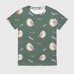 Футболка женская Птички и перышки на зеленом, цвет: 3D-принт