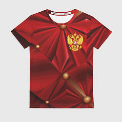 Женская футболка Золотой герб России на красной абстракции