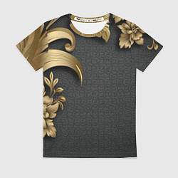 Женская футболка Золотые объемные листья на сером фоне