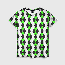 Футболка женская Чёрные и зелёные ромбы на белом фоне, цвет: 3D-принт