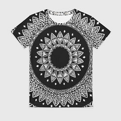 Футболка женская Мандала черно-белая с лепестками, цвет: 3D-принт