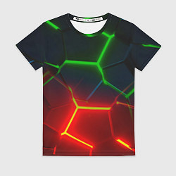 Футболка женская Зеленые и красные неоновые плиты в разломе, цвет: 3D-принт
