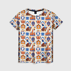 Женская футболка Славянский узор с матрёшкой - русская душа паттерн