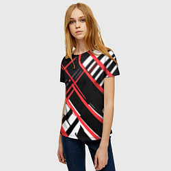 Футболка женская Красно-белые линии на чёрном фоне, цвет: 3D-принт — фото 2