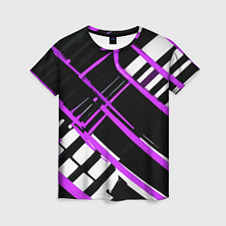 Футболка женская Фиолетово-белые линии на чёрном фоне, цвет: 3D-принт