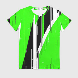 Женская футболка Чёрно-белые вертикальные полосы на зелёном фоне