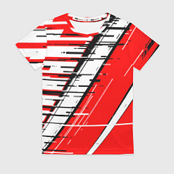 Женская футболка Чёрно-белые глитч полосы на красном фоне