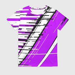 Женская футболка Чёрно-белые глитч полосы на фиолетовом фоне