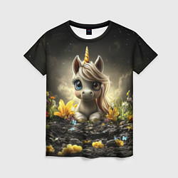 Футболка женская Белая единорожка на черном фоне, цвет: 3D-принт