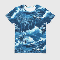 Футболка женская Пальмы и волны - голубые оттенки паттерн, цвет: 3D-принт