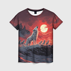 Футболка женская Волк воет на красную луну, цвет: 3D-принт