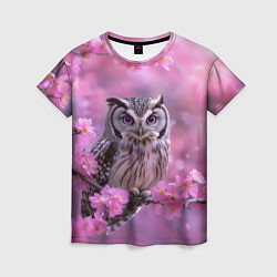 Футболка женская Сова на ветке с розовыми цветами, цвет: 3D-принт